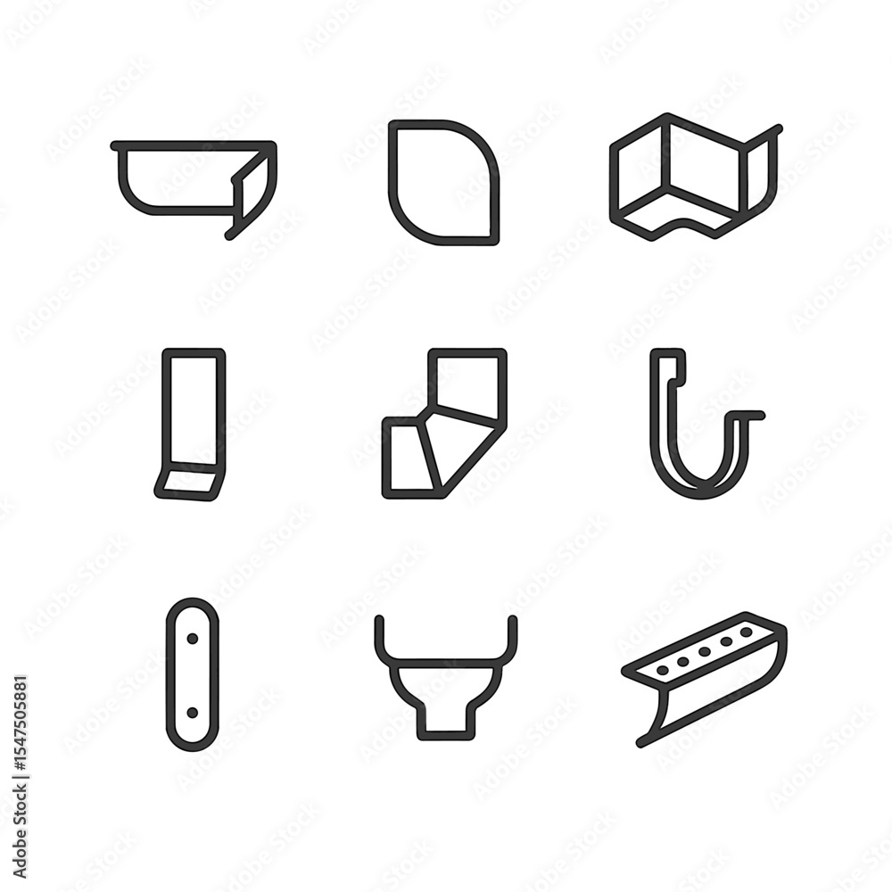 Poster gutter icons set. outline icon set of gutter components: gutter section, end cap, corner piece, down
