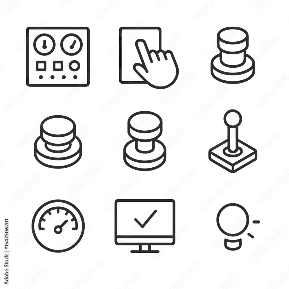 Poster hmi icon set. outline icon set of human-machine interface: control panel, touchscreen, push button, 
