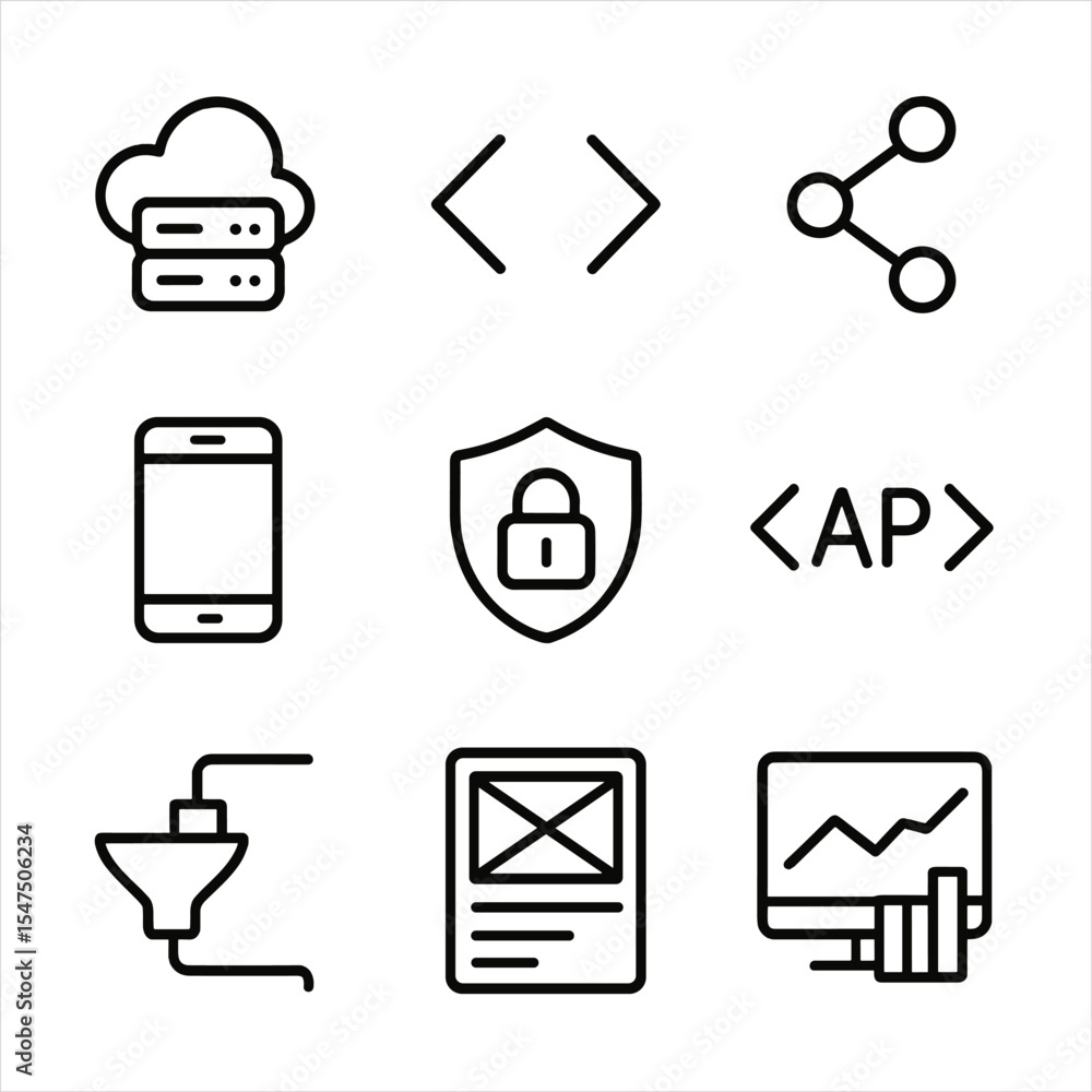 Poster it & juice icon grid. outline icon set of it and digital transformation: cloud server, code bracket,