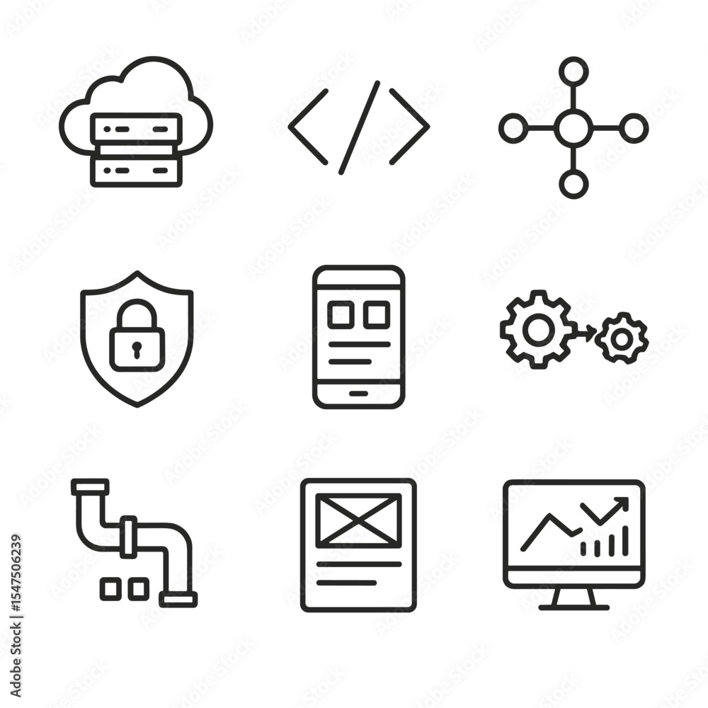Poster it & juice icon grid. outline icon set of it and digital transformation: cloud server, code bracket,