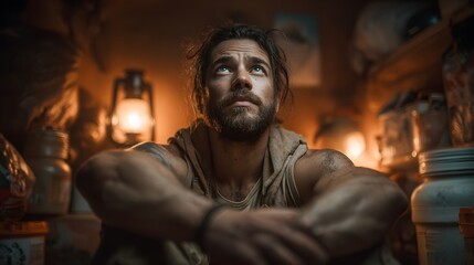 A rugged bearded man sits in deep contemplation by the warm glow of a campfire in a rustic wooden cabin finding solace and introspection in the serene remote setting