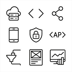 IT & Juice Icon Grid. Outline icon set of IT and digital transformation: cloud server, code bracket, network node, cybersecurity