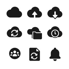 Cloud Sync Icons. Solid, filled icons set of cloud synchronization: cloud icon, upload arrow, download icon,