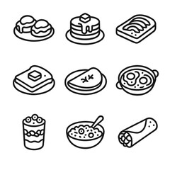 Breakfast and Demographics Icons. Outline icon set of breakfast classics: eggs Benedict, pancakes stack, avocado toast, French