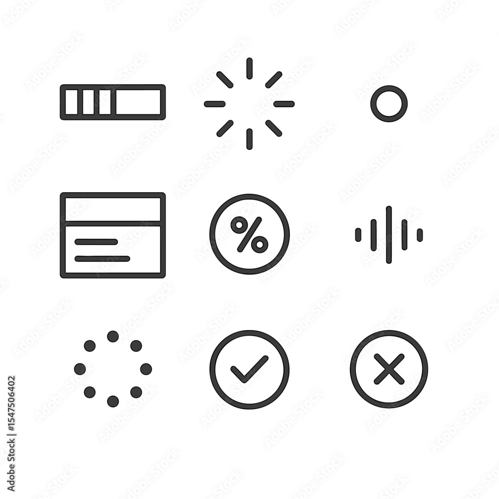 Poster loading icon set. outline icon set of loading and progress indicators: linear progress bar, circular