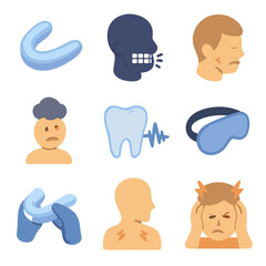 Bruxism Icon Set. Isometric Flat icon set of bruxism and clenching: night guard, grinding teeth silhouette, jaw clenching, stress