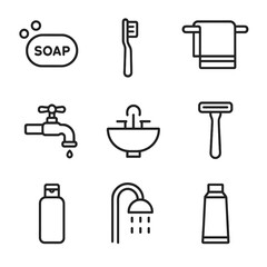 Hygiene Essentials Icons. Outline line icons set of hygiene essentials in solitary: soap bar, toothbrush, towel, water tap, sink,