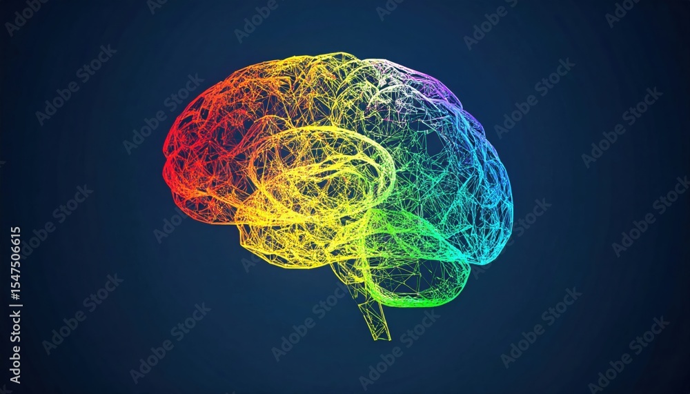 Poster a colorful wireframe illustration of a human brain, displaying neural networks and connections in a 