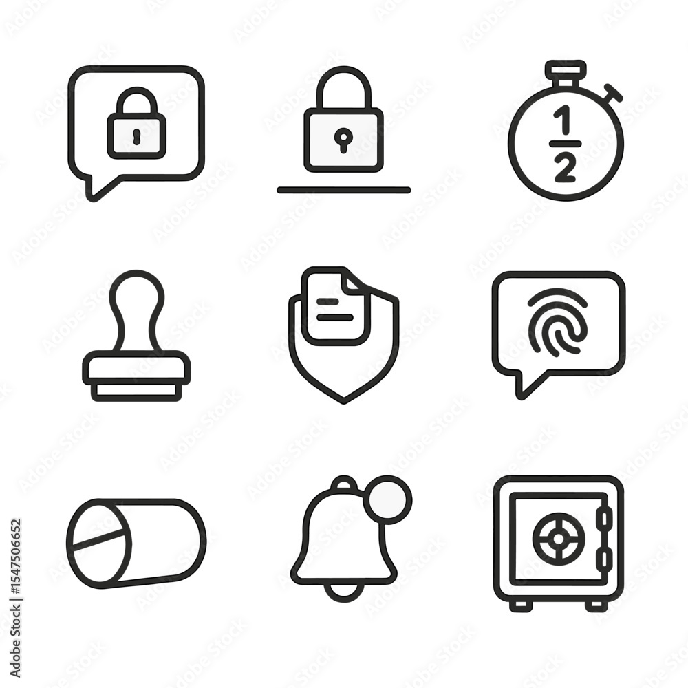 Poster secure messaging icons. outline icon set of secure messaging features: encrypted chat bubble, secure