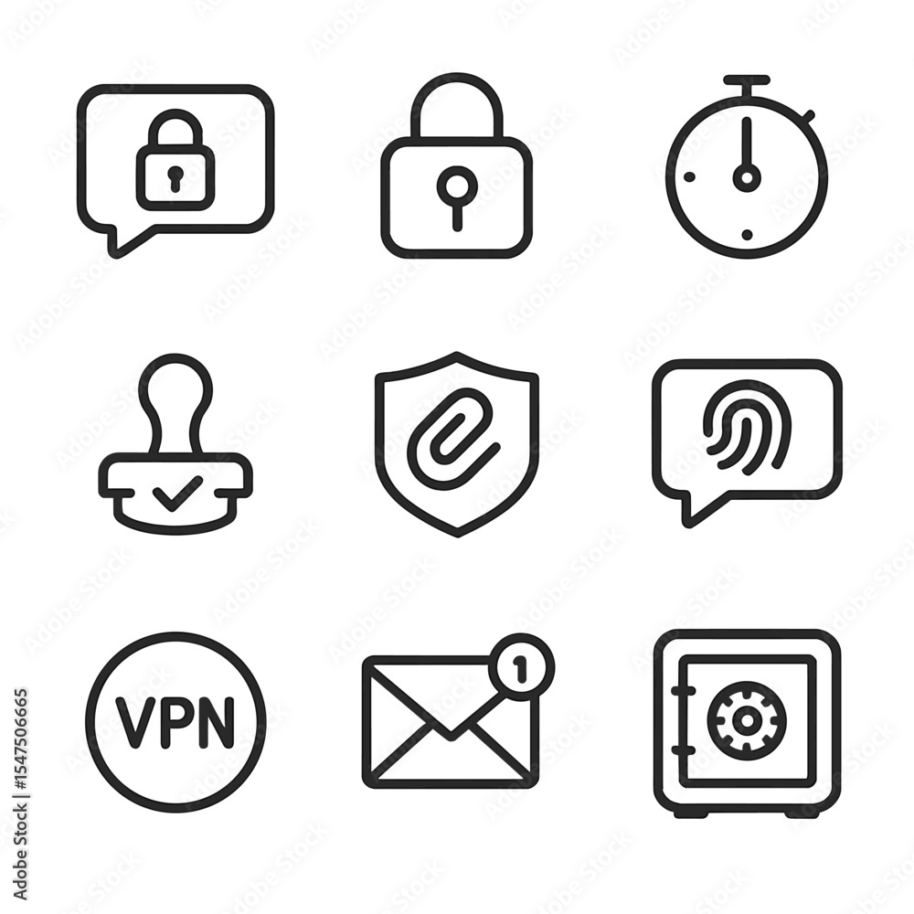 Poster secure messaging icons. outline icon set of secure messaging features: encrypted chat bubble, secure