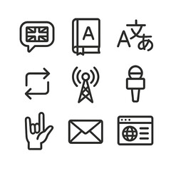 Language Icons Grid. Outline icon set of language and communication: speech bubble with flag, dictionary book, language script