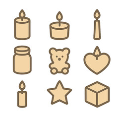 Candle Icons Grid. Flat icon set of basic candle shapes: pillar, votive, tea light, taper, jar candle, molded animal, heart shape,