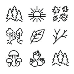Seasonal Nature Icons. Outline icon set of seasonal scenery: misty trees, sunrise beam, falling leaves, forest path, dewdrop on