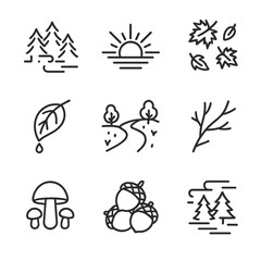 Fototapeta premium Seasonal Nature Icons. Outline icon set of seasonal scenery: misty trees, sunrise beam, falling leaves, forest path, dewdrop on