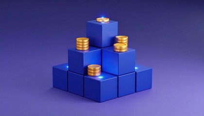 Naklejka premium A blue pyramid-shaped structure made of cubes with stacks of golden coins on top, symbolizing financial growth or investment.