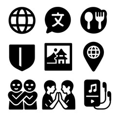Obraz premium Cross-Cultural Icons Set. Solid, filled icons set of cross-cultural team bonding: world globe, language bubble