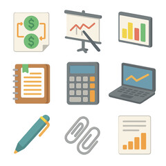 Cash Flow Tools. Isometric Flat icon set of cash flow analysis desk: cash flow diagram, bar chart, calculator, ledger, pen, laptop