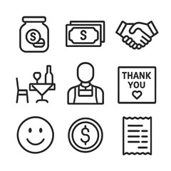 Cash Tips Icons. Outline icon set of cash stack tips and gratuities: tip jar, dollar bills, handshake, restaurant table, server