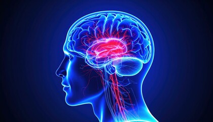 Obraz premium A digital illustration showing a human head with a glowing brain and nervous system highlighted in blue and red.