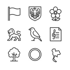 National Symbols Icons. Outline icon set of national symbols: flag, coat of arms, national flower, national animal, national bird,