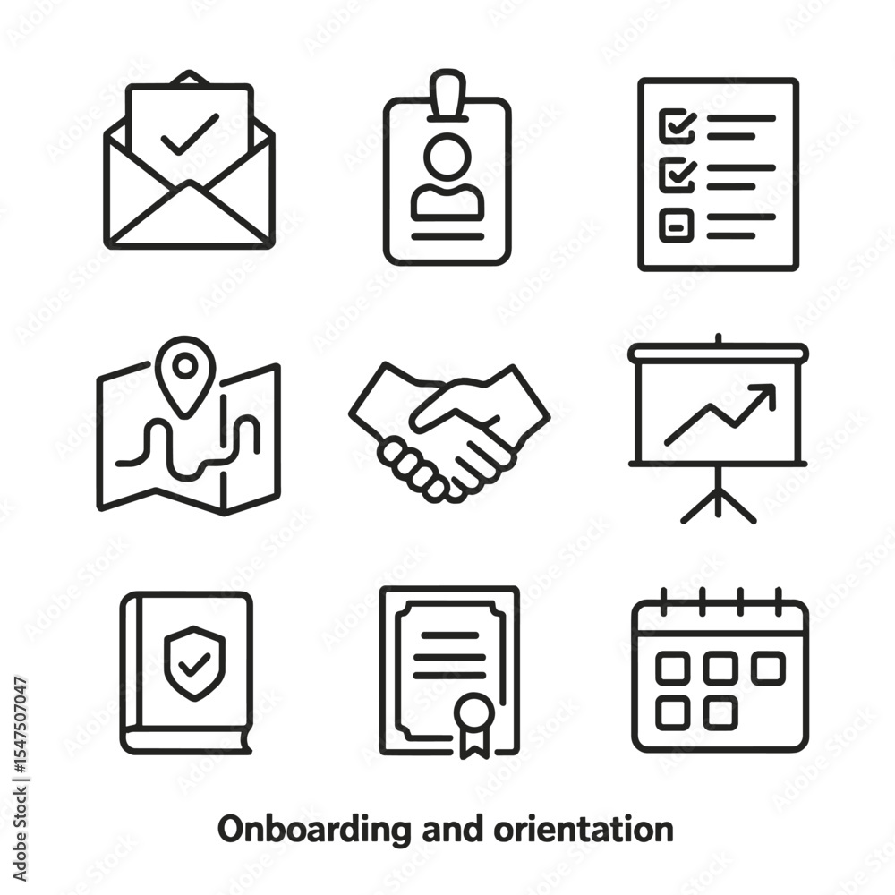 Poster onboarding icon set. outline icon set of onboarding and orientation: welcome packet, id badge, check