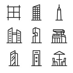 Modern Skyscraper Icons. Outline icon set of modern skyscraper details: steel frame, glass fa&ccedil;ade, spire, skybridge, terrace,