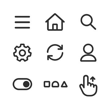 Mobile Planner Icons. Outline icon set of mobile planner interface: hamburger menu, home screen, search bar, settings gear, sync