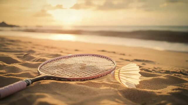 A badmintonracket and a pair of badminton rackets are laying on the sand. The racket is black and the other one is white