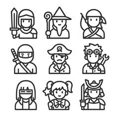 Fototapeta premium Character Archetype Icons. Outline line icon set of character archetypes: warrior, mage, archer, ninja, pirate, steampunk engineer