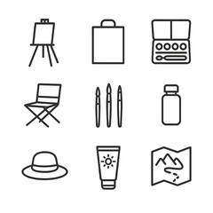Plein Air Icon Set. Outline icon set of plein air painting gear: folding easel, portable canvas, paint box, collapsible chair,