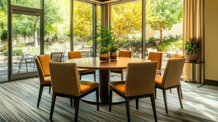 Obraz premium Sunlit dining area, garden view, elegant chairs.