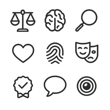 Objective vs Subjective Icons. Outline icon set of objective vs subjective reality: scale balance, brain silhouette, magnifying