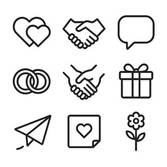 Relationship Affirmation Icons. Outline icon set of relationship affirmations: linked hearts, handshake, speech bubble,