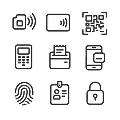 Naklejka na ściany i meble Payment Icon Set. Outline icon set of payment and authentication systems: NFC chip, RFID card, QR code scanner, PIN pad, receipt