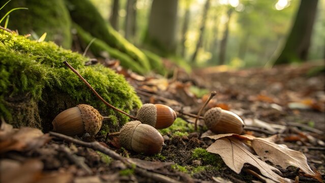 Acorns sprouting tiny roots in leaf litter, early germination phase on damp woodland floor