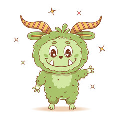 Cute green Monster. Cool Funny kawaii horned Character. Vector illustration. Kids collection for sticker, mascot and design