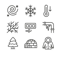Fototapeta premium Polar Vortex Icons. Outline icon set of polar vortex and extreme cold: swirling cold front, frosted snowflake, temperature drop