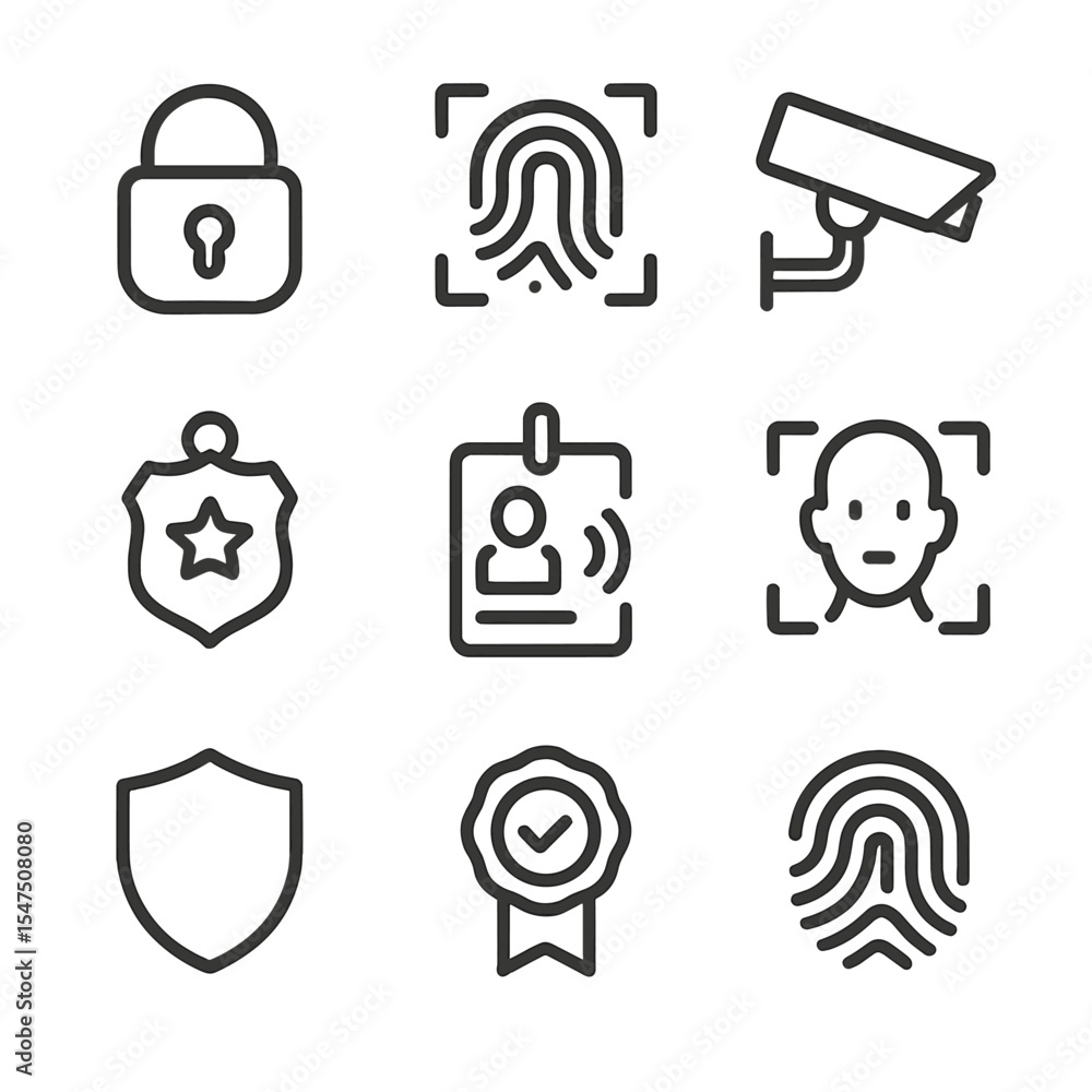 Poster security icons grid. outline icon set of security and authentication: padlock, fingerprint scan, cct
