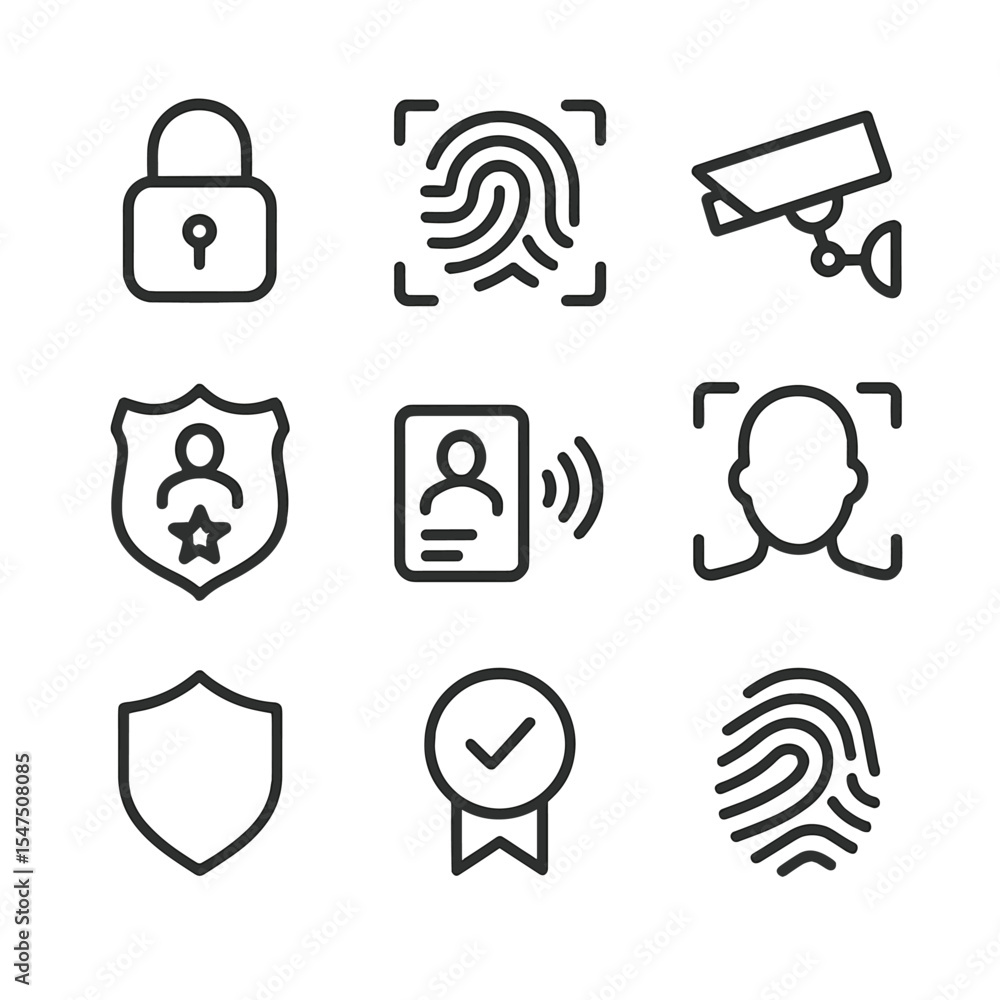 Poster security icons grid. outline icon set of security and authentication: padlock, fingerprint scan, cct