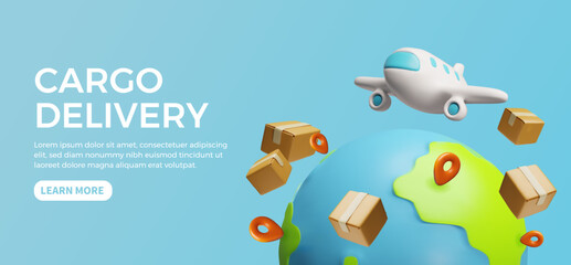 Airplane flight cargo delivery service advertising landing page vector 3D cartoon design, order shipping, logistic