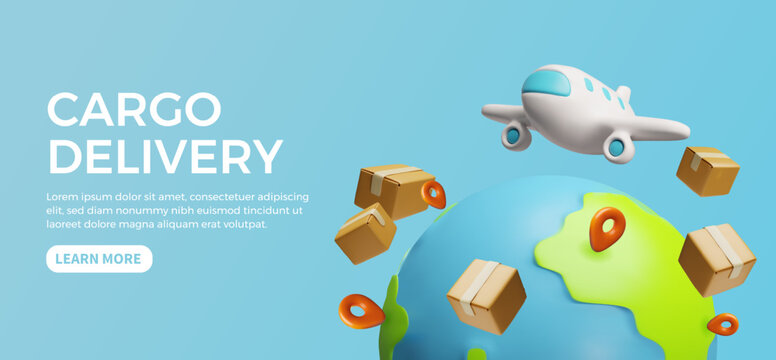 Airplane flight cargo delivery service advertising landing page vector 3D cartoon design, order shipping, logistic