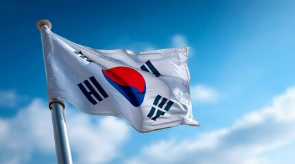 The South Korean flag billows in the wind against a clear, bright, blue sky, a symbol of national pride.
