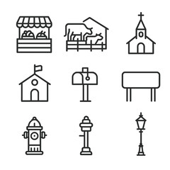 Rural Community Icons. Outline icon set of rural community life: farmer’s market stall, livestock pen, community hall, church
