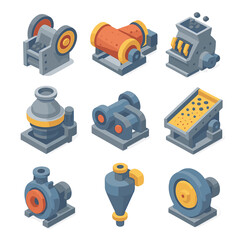 Crusher Icon Set. Isometric Flat icon set of ore crushing and grinding: jaw crusher, ball mill, hammer mill, gyratory crusher,