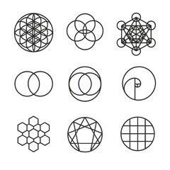 Sacred Geometry Icon Set. Outline icon set of sacred geometry circle: Flower of Life, Seed of Life, Metatron&rsquo;s Cube, Vesica Piscis