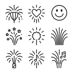 Themed Fireworks Icons. Outline icon set of themed fireworks displays: patriotic stripes, heart burst, smiley face shell, smiley