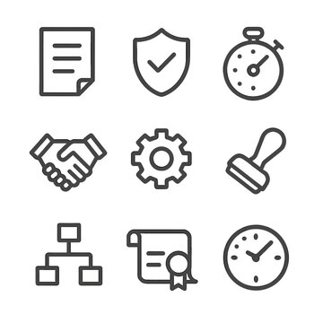 Service Icons Set. Outline icon set of service-level agreements: SLA document, shield emblem, stopwatch dial, handshake icon, gear