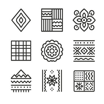 Outline Textile Pattern Icons. Outline icon set of traditional textile patterns: ikat, kente cloth, batik, tartan, suzani, mud