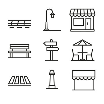 Urban Streetscape Icons. Outline icon set of urban streetscape compositions: sidewalk, street lamp, storefront, bench, street sign