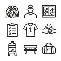 Volleyball Team Icons. Outline icon set of volleyball team huddle: group circle, coach silhouette, strategy board, clipboard, team